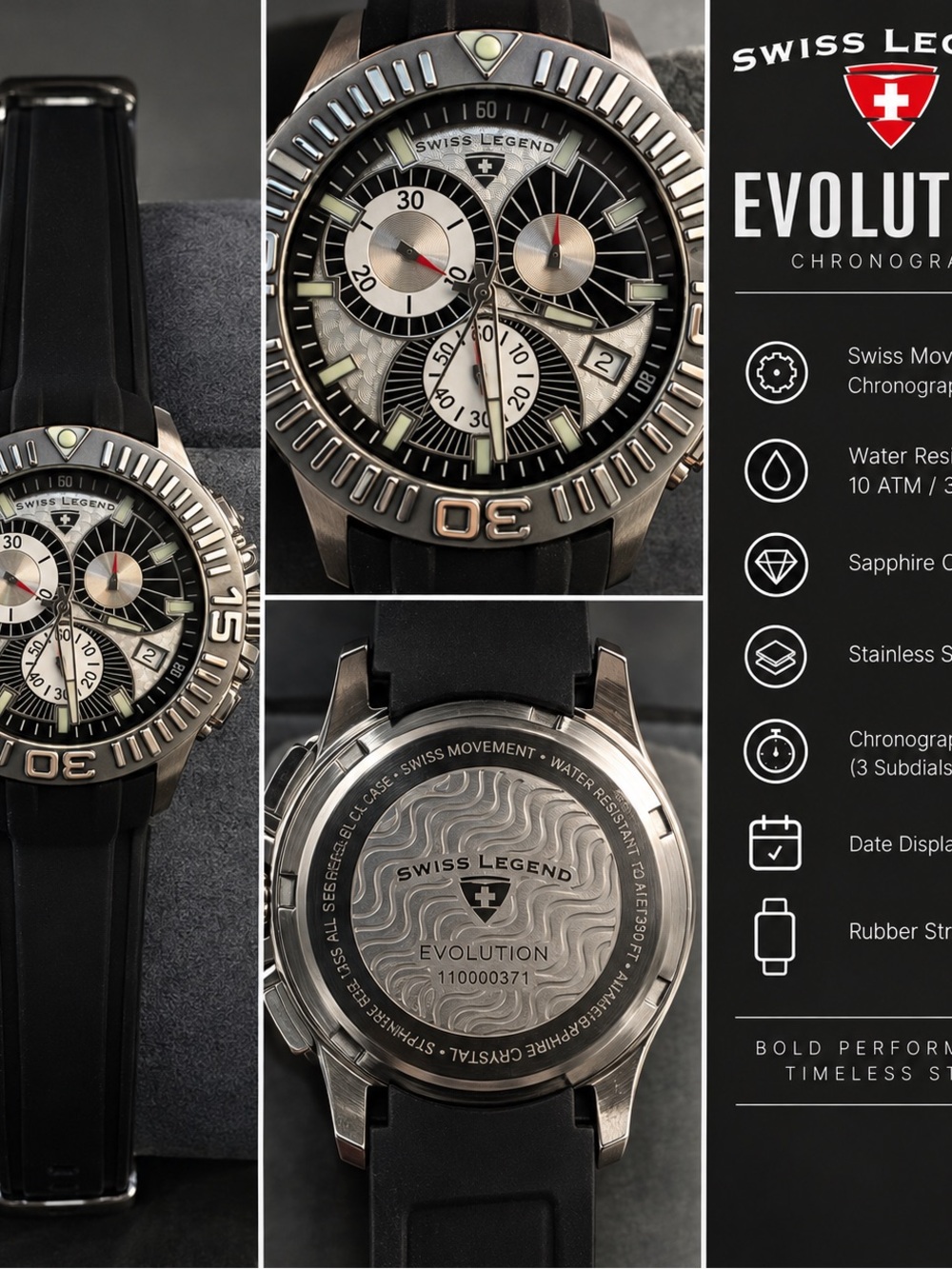 Swiss Legend Black and Silver Evolution Chronograph Watch with Rubber Strap